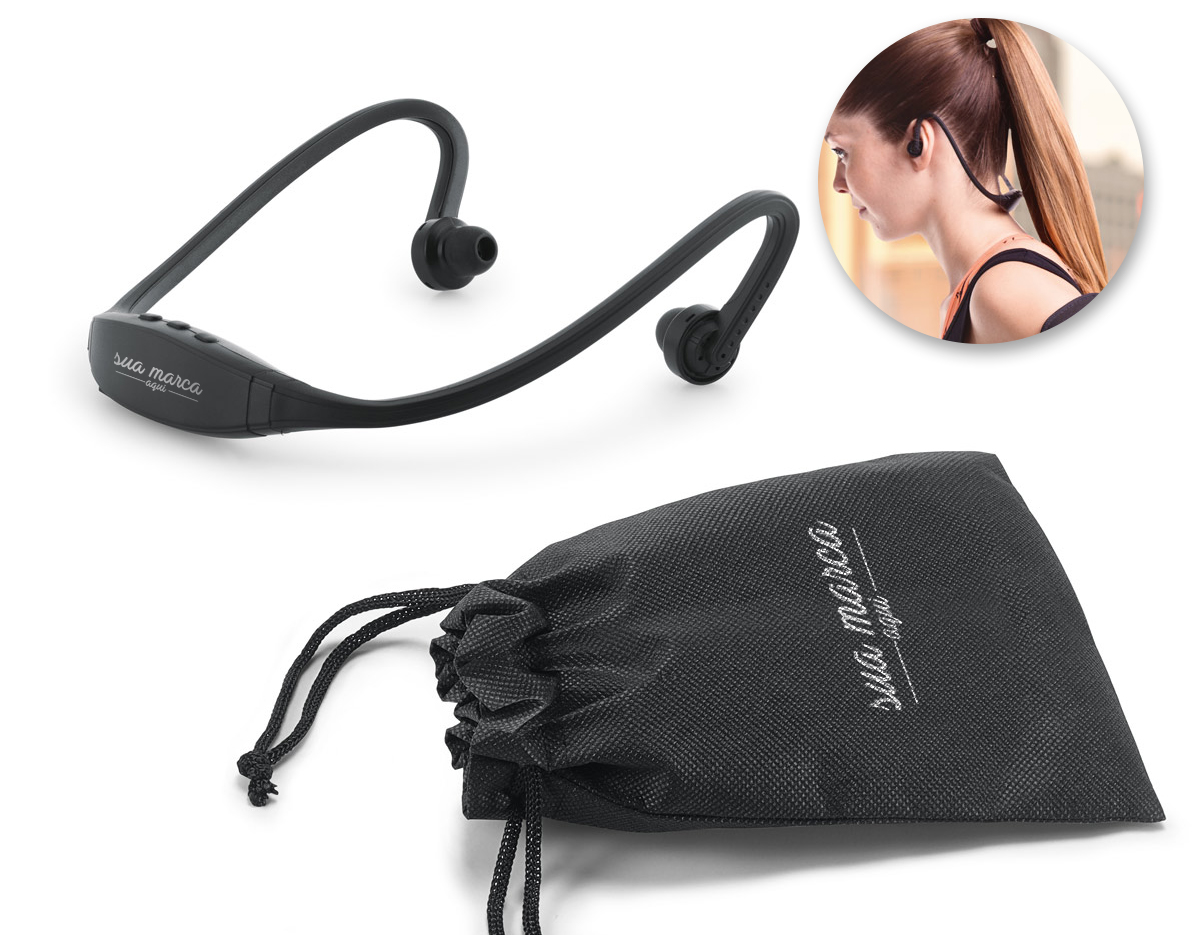 Fone de ouvido desportivo em ABS e silicone com transmissão por bluetooth. Autonomia até 3 h. Função para atender chamadas e conexão à playlist do dispositivo móvel. Incluso cabo micro USB para carregar. Fornecido com bolsa em non-woven