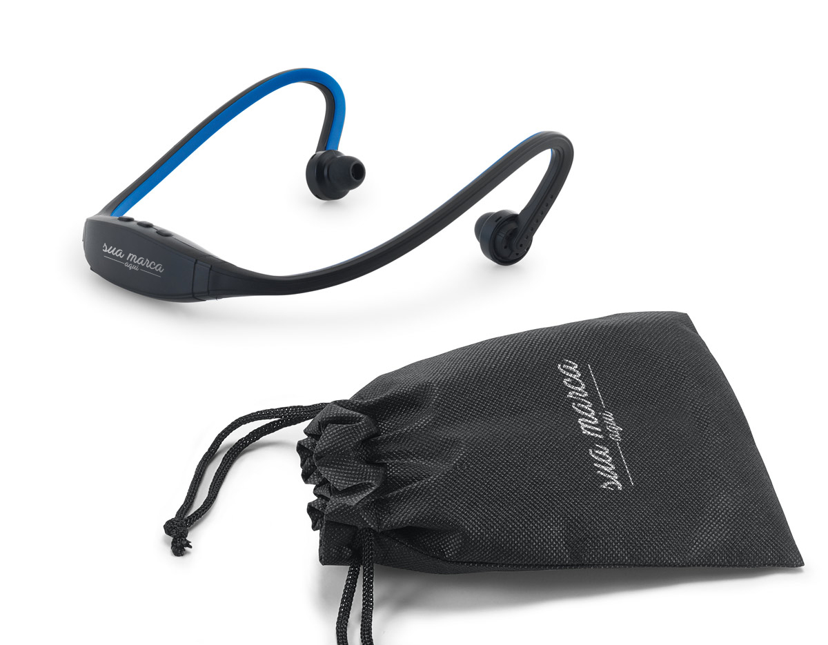 Fone de ouvido desportivo em ABS e silicone com transmissão por bluetooth. Autonomia até 3 h. Função para atender chamadas e conexão à playlist do dispositivo móvel. Incluso cabo micro USB para carregar. Fornecido com bolsa em non-woven