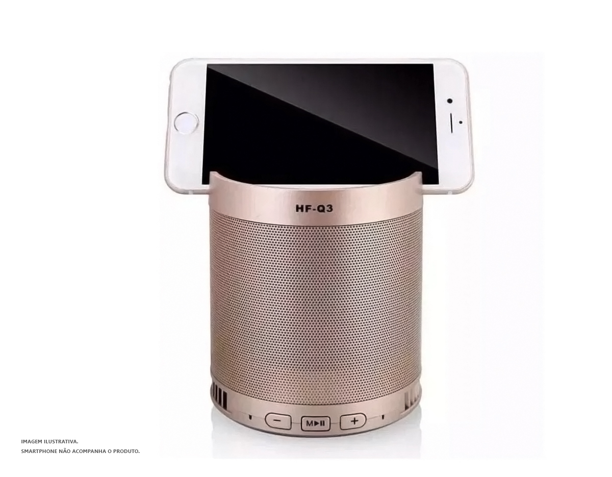 Caixa de som Modelo Bluetooth Q3
Entrada para pendrive, cartão de memória, radio FM, bluetooth universal
Pode ser utilizado como Viva voz, pois possui microfone interno
Controle de Volume, play e pause
Produto aplicável em qualquer aparelho bluetooth ex: Samsung, Iphone 6, Iphone 5, Iphone 4, Ipod, Ipad, Asus, Lg, etc.
Funciona com Todas As versões da Apple
 Possui Bateria Interna Recarregável.
Carrega pelo USB do Computador
Lê arquivos em formato de Mp3 e Mp4
Entrada Auxiliar P2 para ligar caixas auxiliares ( não funciona para fone de ouvido )
Carrega em 3 horas, dura aproximadamente 9 horas em uso ( varia conforme o uso)