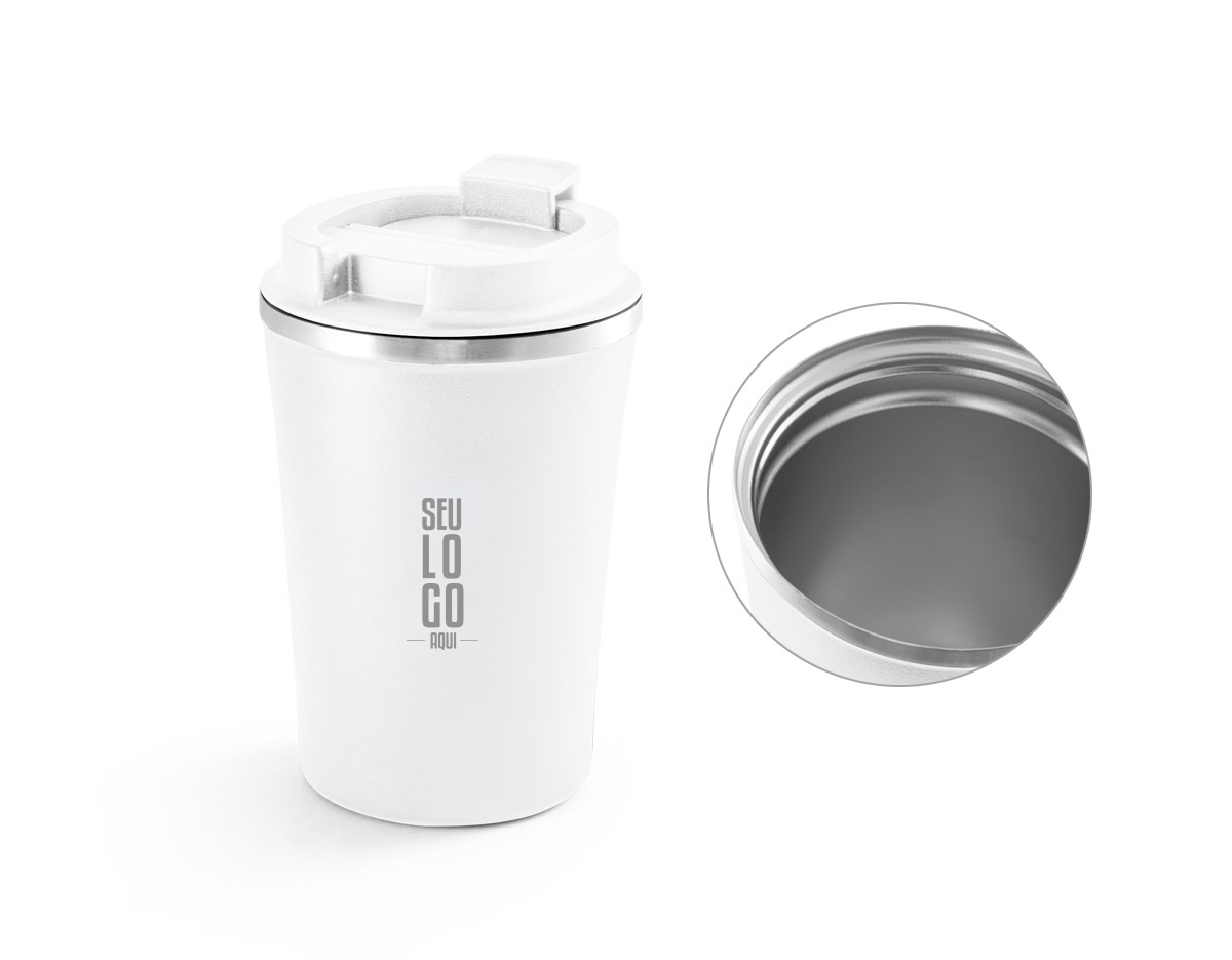 Copo de viagem em aço inox e PP com parede dupla e isolamento a vácuo. Acabamento mate e revestimento em pó que lhe confere mais durabilidade e resistência. Tem capacidade até 470ml.
