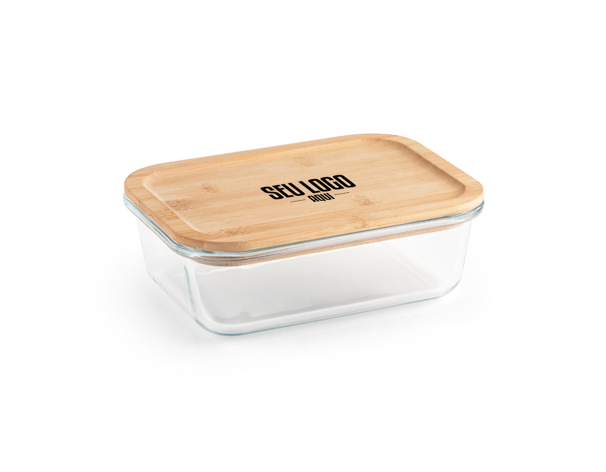 Marmita em vidro borossilicato e tampa em bambu com vedante em silicone. Apto para o micro-ondas e máquina de lavar, retirando a tampa. Capacidade até 1. Certificação EU Food Grade. 