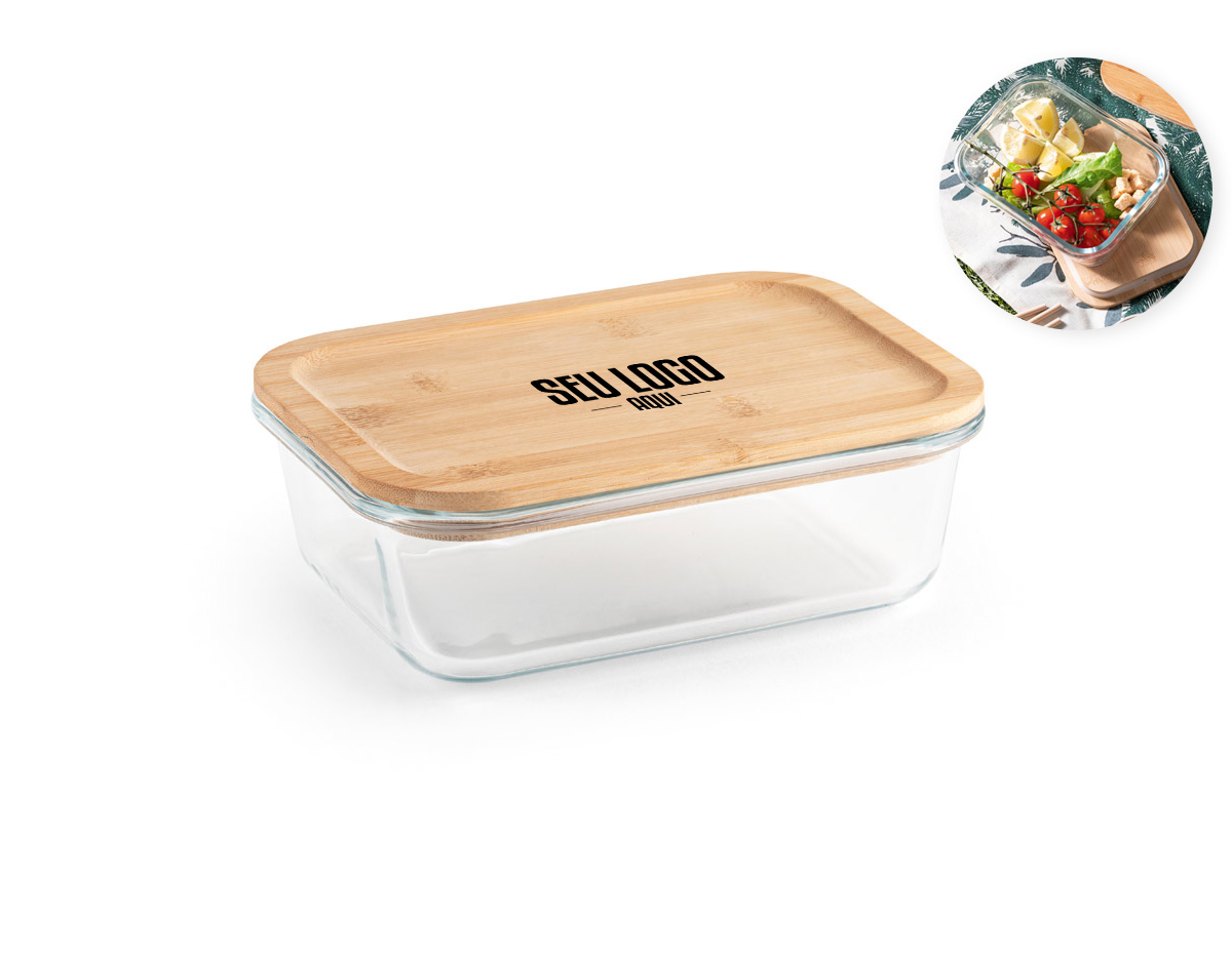Marmita em vidro borossilicato e tampa em bambu com vedante em silicone. Apto para o micro-ondas e máquina de lavar, retirando a tampa. Capacidade até 1. Certificação EU Food Grade. 