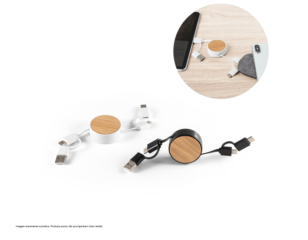 Cabo retrátil 5 em 1 em ABS e bambu. Uma das extremidades é USB-C com adaptador para USB-A, enquanto que na outra extremidade existe uma ponta especial 2 em 1 micro-usb e iOS com adaptador para USB-C. Entrada/saída: 5V/1A. 