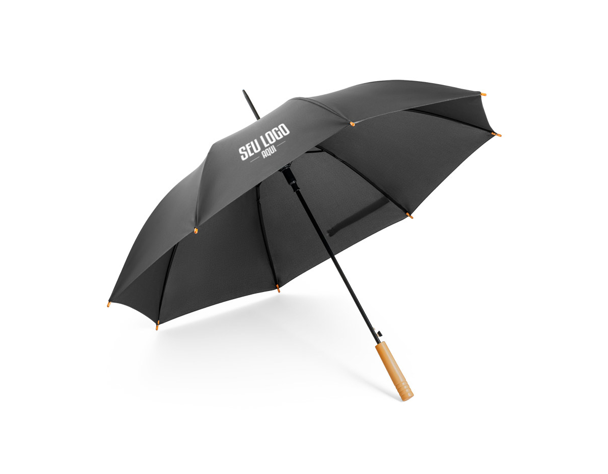 Guarda-chuva em rPET pongee com abertura automática, haste e estrutura em metal. Pega em madeira