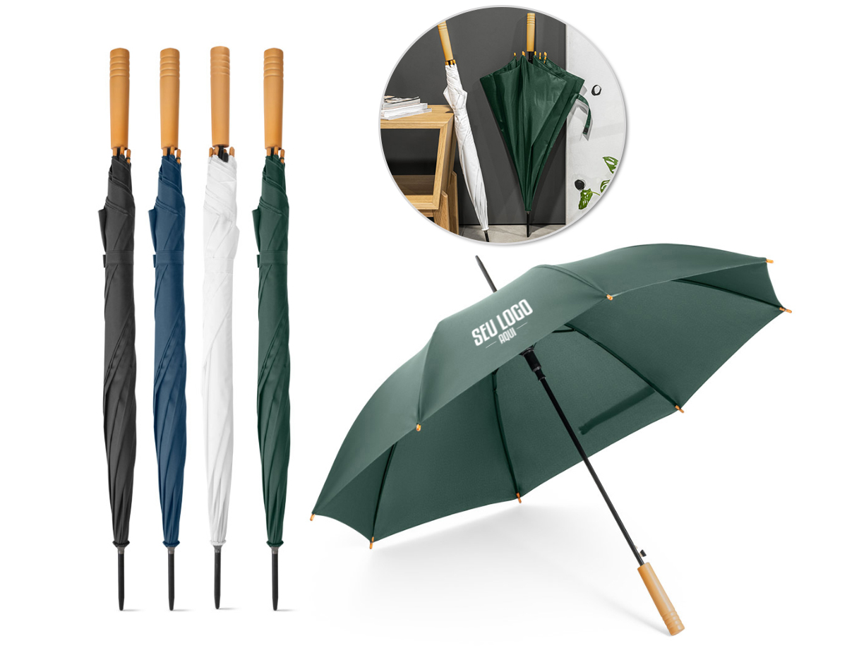 Guarda-chuva em rPET pongee com abertura automática, haste e estrutura em metal. Pega em madeira