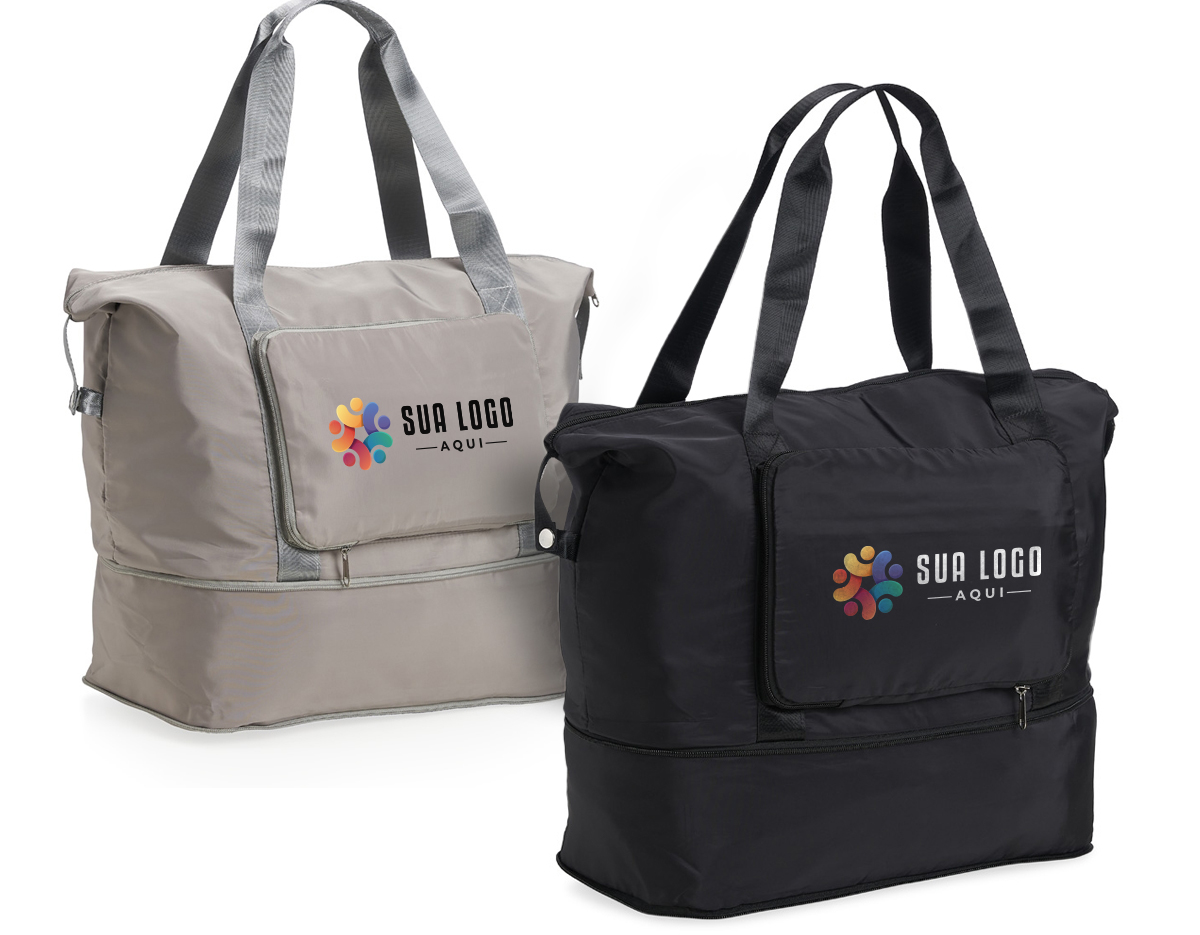 Bolsa dobrável e expansível de 35 litros em poliéster à prova d’água com dois compartimentos, sendo o principal com bolsos internos para acessórios e compartimento lateral exclusivo para compactação da bolsa.