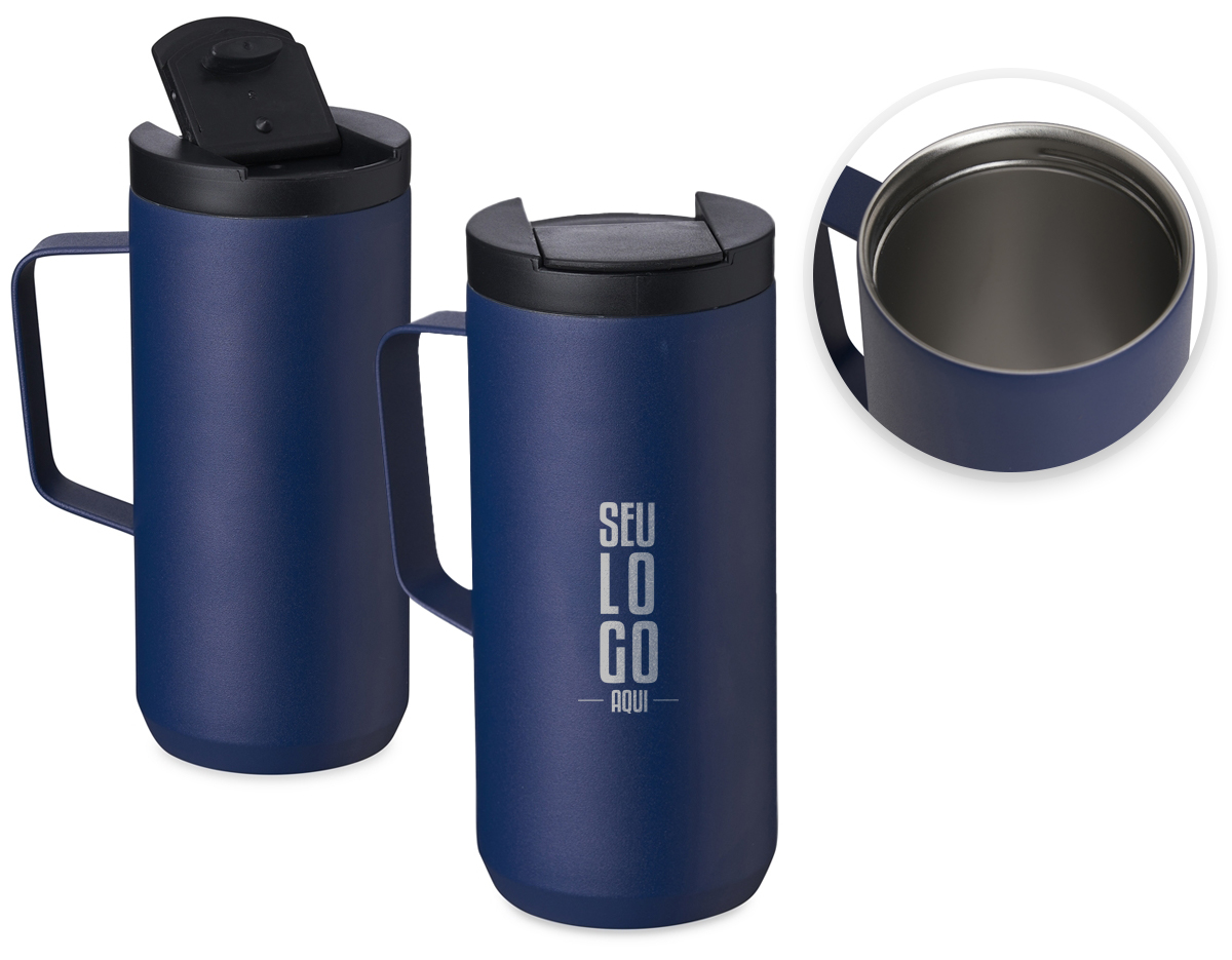 Caneca térmica de inox em parede dupla livre de BPA, capacidade de 400ml. Contém base antiderrapante e tampa plástica com bocal e trava de segurança.