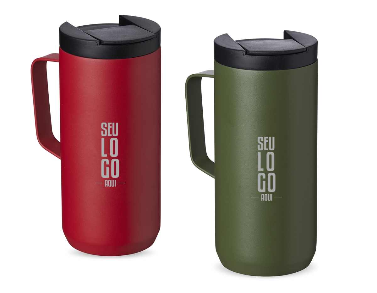 Caneca térmica de inox em parede dupla livre de BPA, capacidade de 400ml. Contém base antiderrapante e tampa plástica com bocal e trava de segurança.