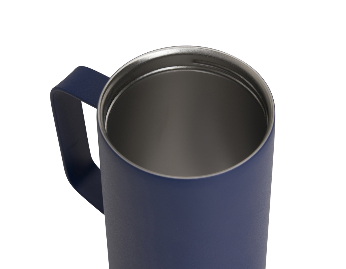 Caneca térmica de inox em parede dupla livre de BPA, capacidade de 400ml. Contém base antiderrapante e tampa plástica com bocal e trava de segurança.