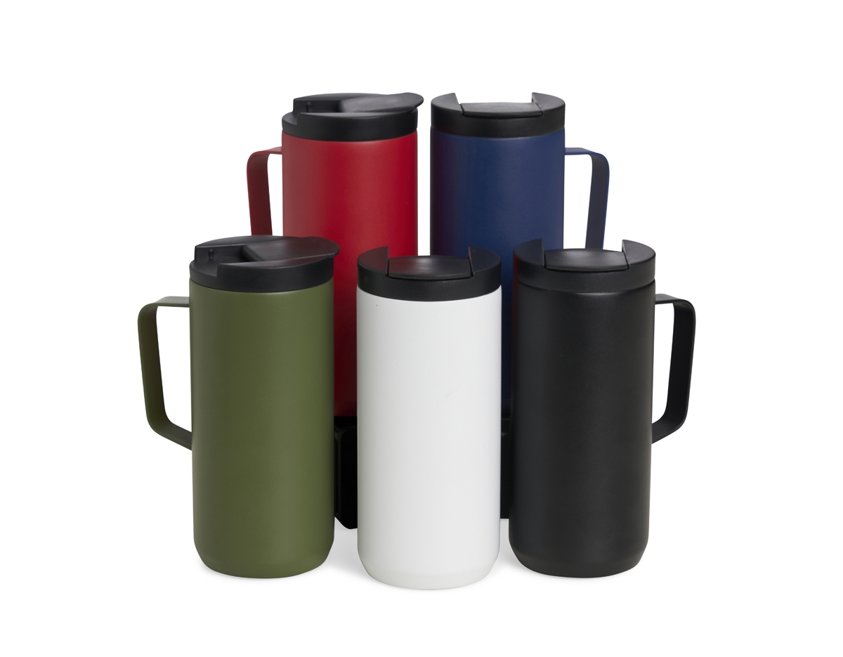Caneca térmica de inox em parede dupla livre de BPA, capacidade de 400ml. Contém base antiderrapante e tampa plástica com bocal e trava de segurança.