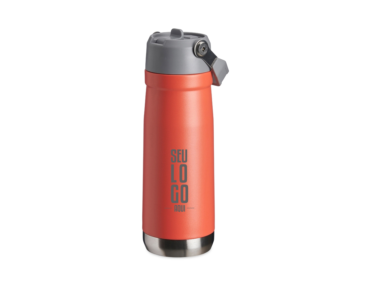 Garrafa térmica em inox de parede dupla, capacidade de 700ml. Tampa com alça de transporte, bico flip e canudo interno.