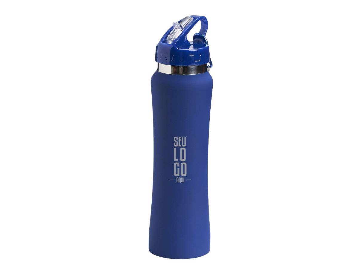 Squeeze de alumínio com capacidade de 750ml, tampa plástica com bico de canudo. Acompanha mosquetão.
