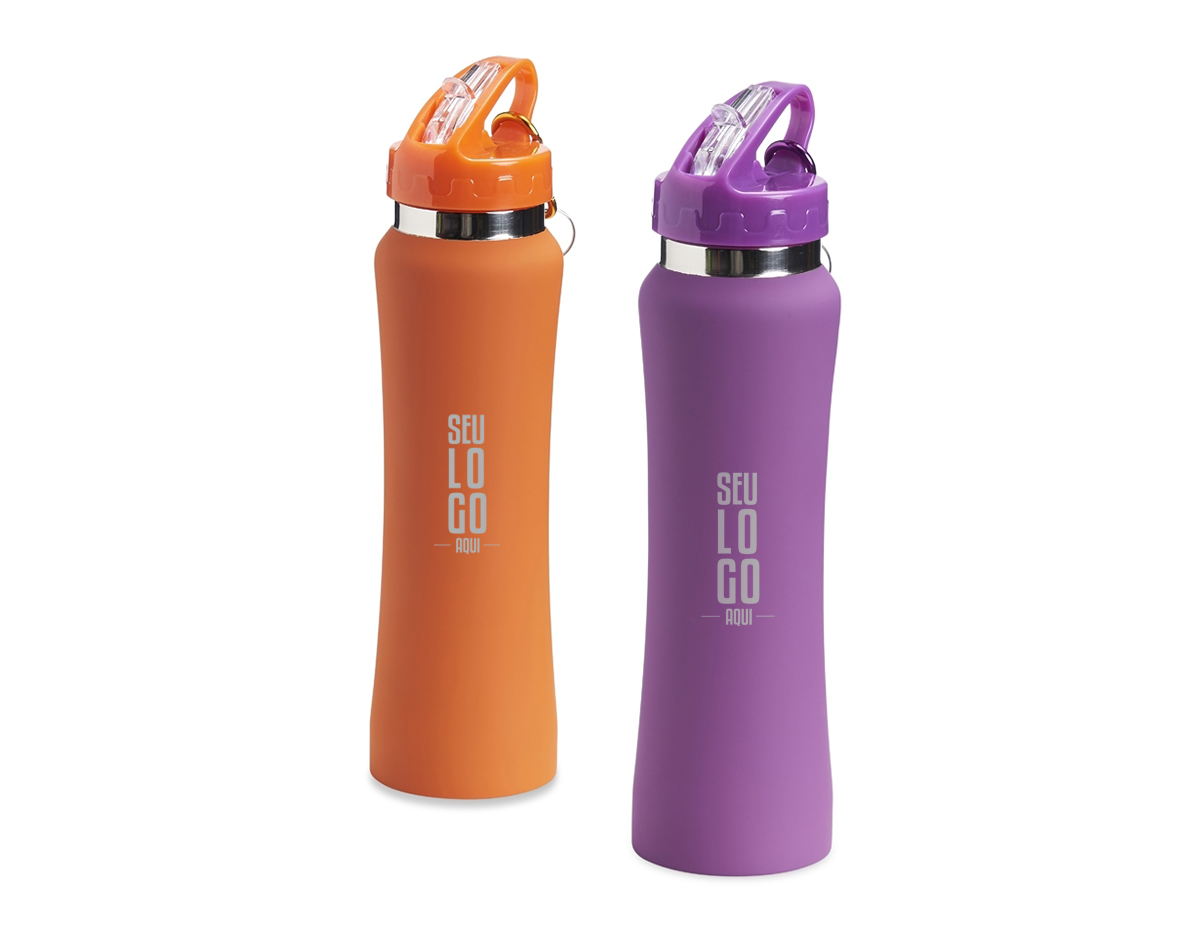 Squeeze de alumínio com capacidade de 750ml, tampa plástica com bico de canudo. Acompanha mosquetão.