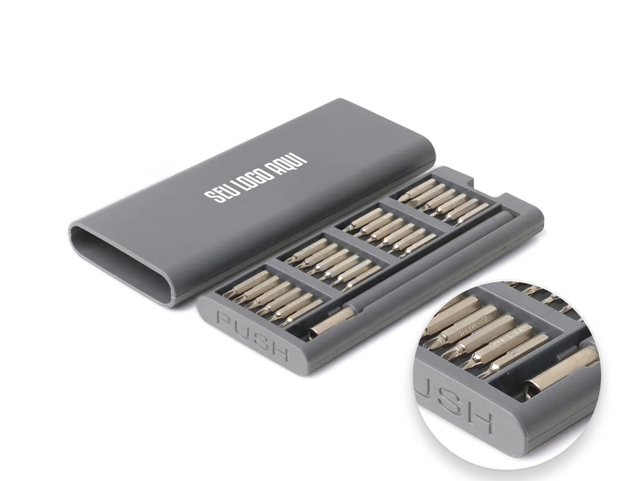 Kit ferramentas em plástico ABS com 24 pontas em aço inox, chave manual para encaixe e manuseio.