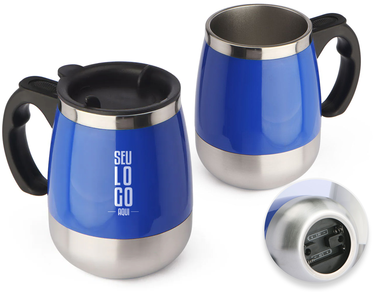 Caneca plástica mixer em aço inox na parte interna com capacidade de até 400ml. Ideal para fazer a junção de suas bebidas em pó. Para a função mixer funcionar é necessário 3 pilhas AAA, não acompanha pilha.