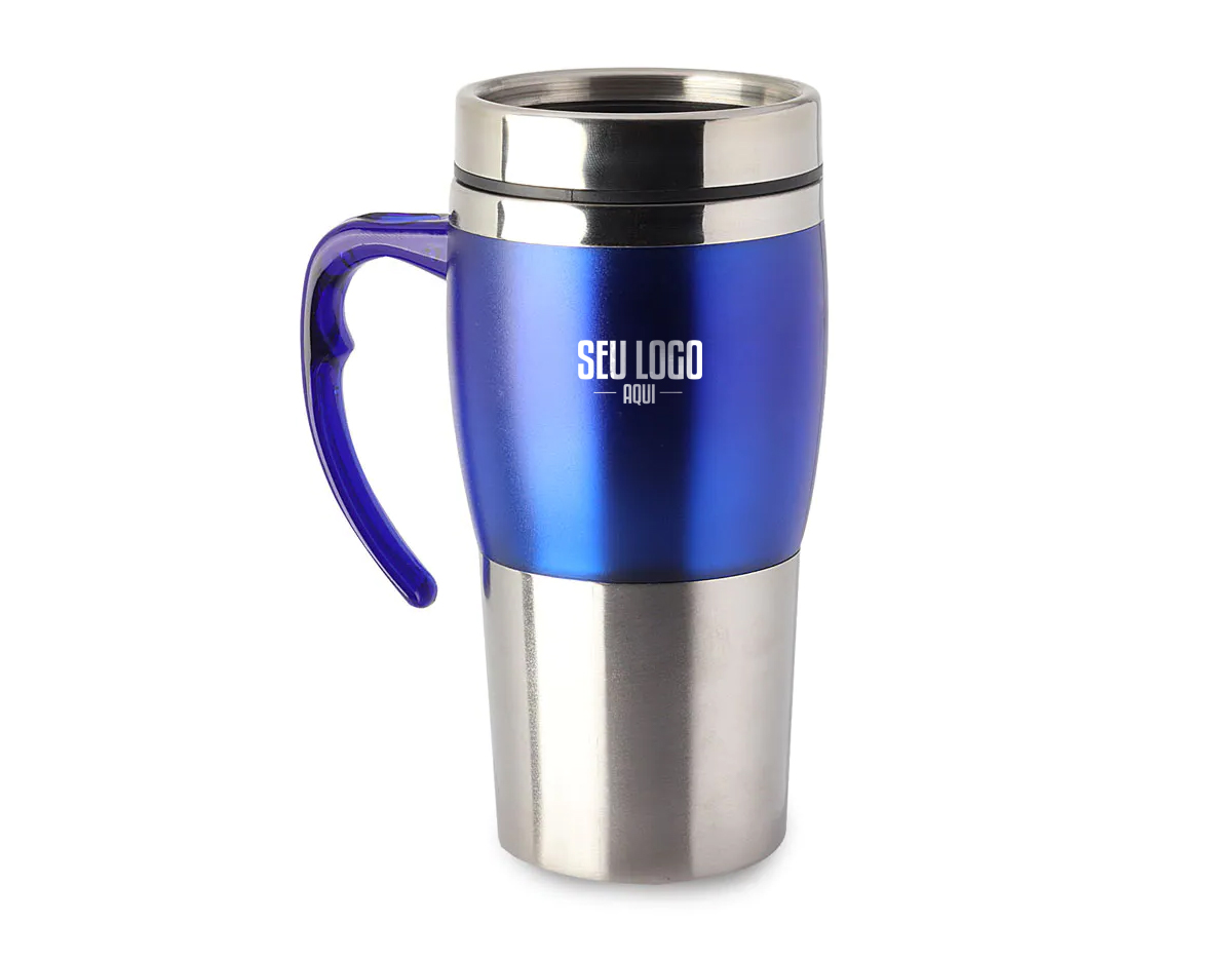 Caneca em aço inox com detalhe plástico colorido, alça na cor do produto. Pintura: corpo escovado, detalhe plástico com pintura fosca. Capacidade: 400ml