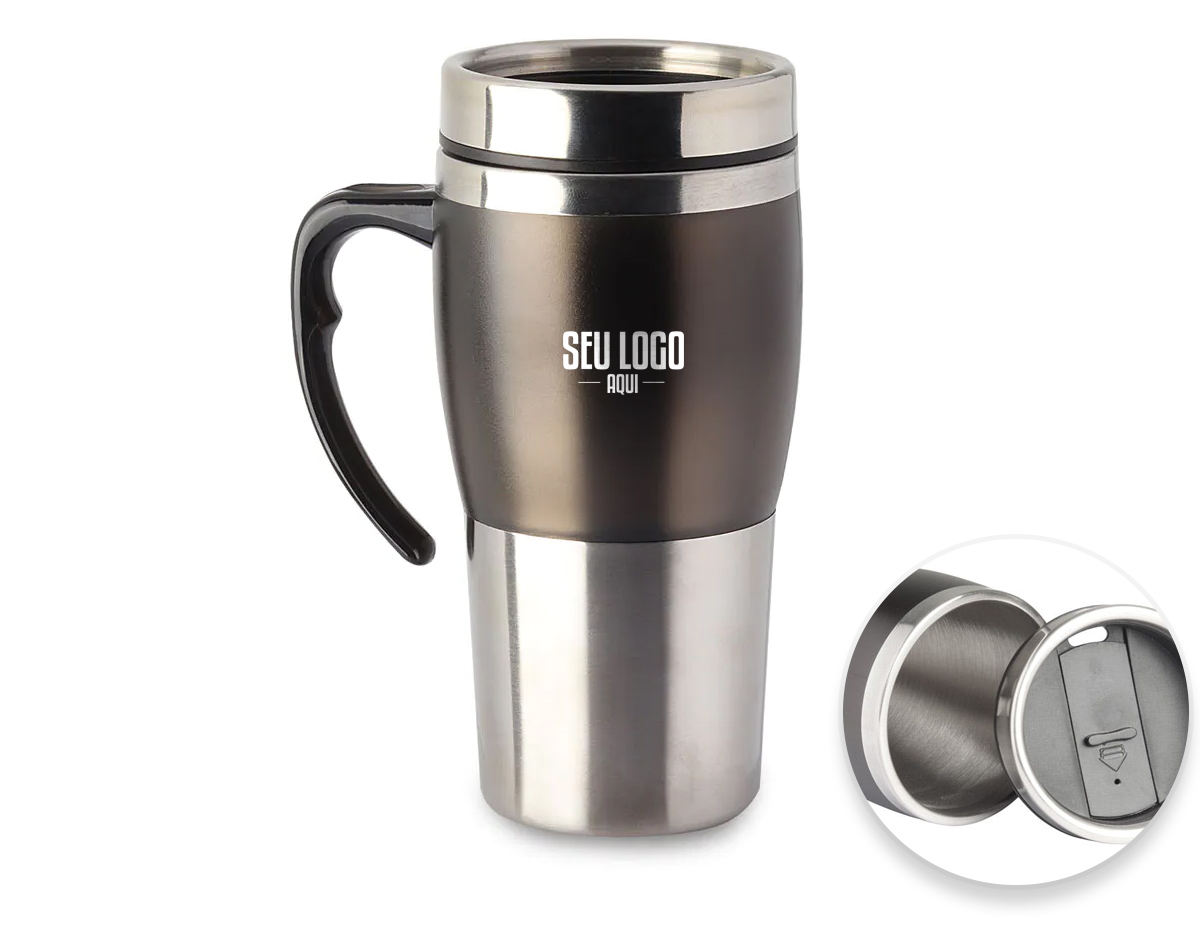 Caneca em aço inox com detalhe plástico colorido, alça na cor do produto. Pintura: corpo escovado, detalhe plástico com pintura fosca. Capacidade: 400ml
