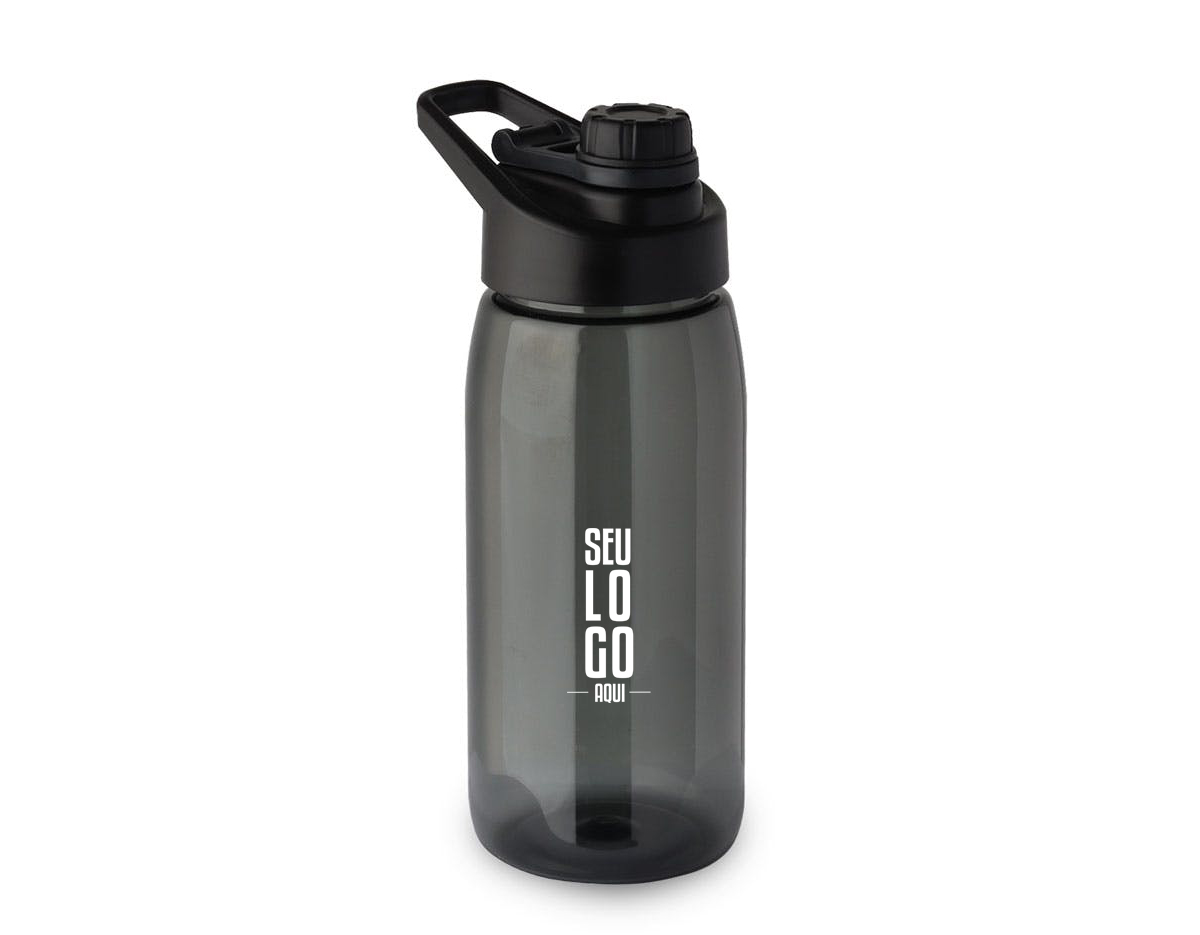 Garrafa em plástico ABS, tampa em plástico na cor do produto com anel de silicone para vedação. Capacidade: 600ml