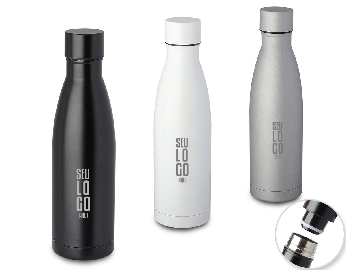 Garrafa térmica em aço inox com parede dupla isoladao à vácuo, com tampa de inox na cor do produto e anel de silicone para vedação. Capacidadede até 500ml, pintura fosca.Livre de Bpa