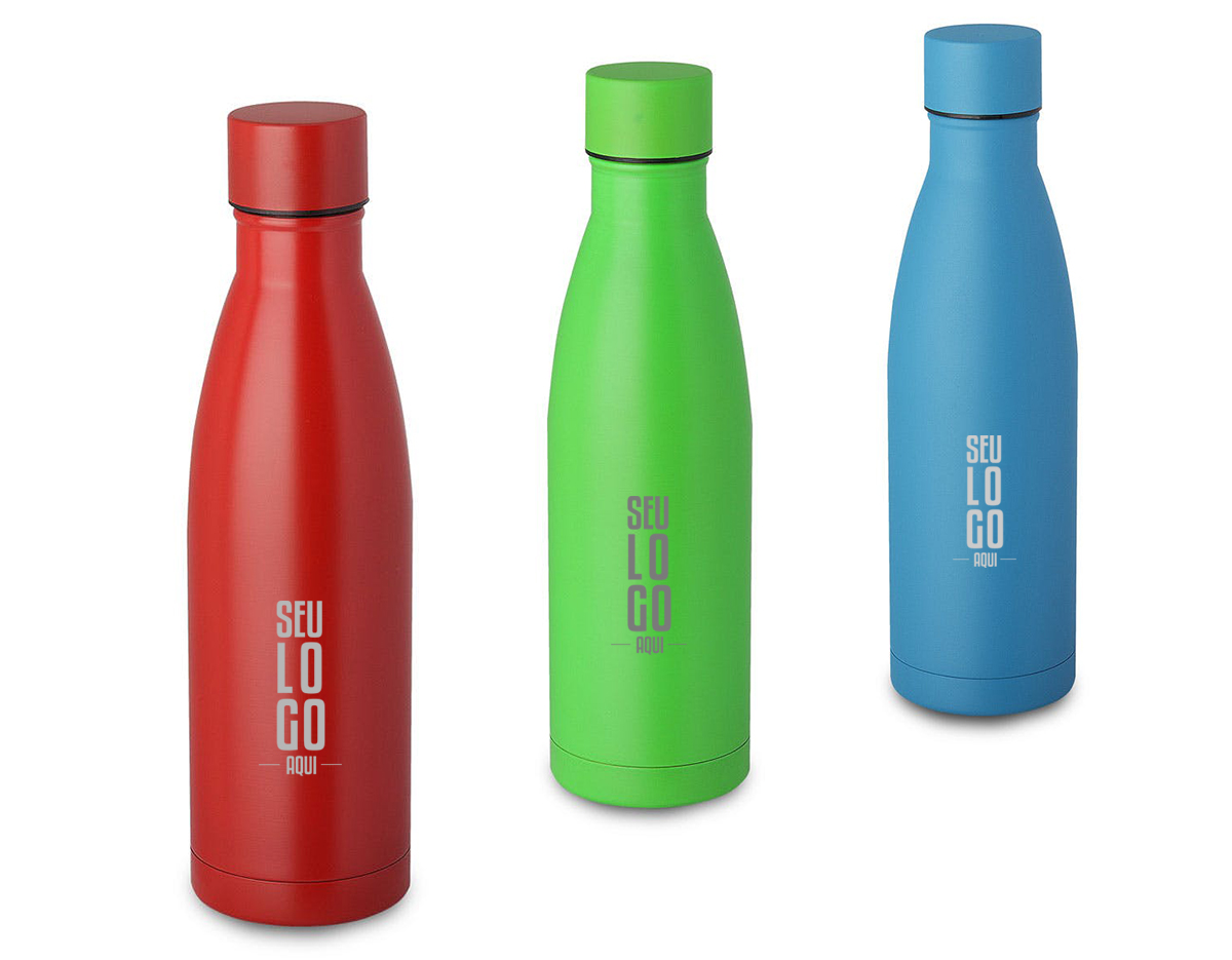 Garrafa térmica em aço inox com parede dupla isoladao à vácuo, com tampa de inox na cor do produto e anel de silicone para vedação. Capacidadede até 500ml, pintura fosca.Livre de Bpa