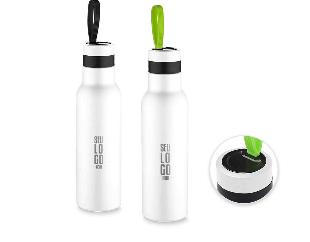 Garrafa térmica em aço inox fosca com parede dupla isolada a vácuo, com capacidade de até 500ml com alça emborrachada. Tampa rosqueável e anel de silicone para vedação. Conserva líquido quente até 12 horas e frio ate 18 horas.