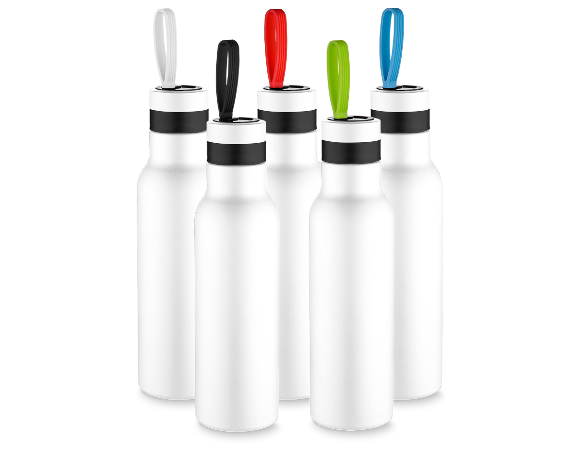 Garrafa térmica em aço inox fosca com parede dupla isolada a vácuo, com capacidade de até 500ml com alça emborrachada. Tampa rosqueável e anel de silicone para vedação. Conserva líquido quente até 12 horas e frio ate 18 horas.