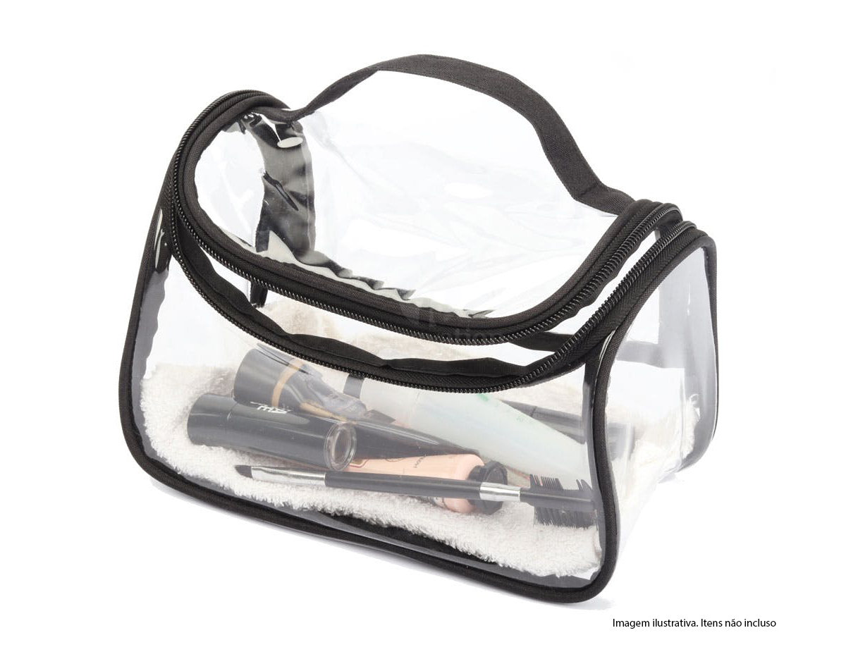 Necessaire de pvc com zíper na cor preta.
