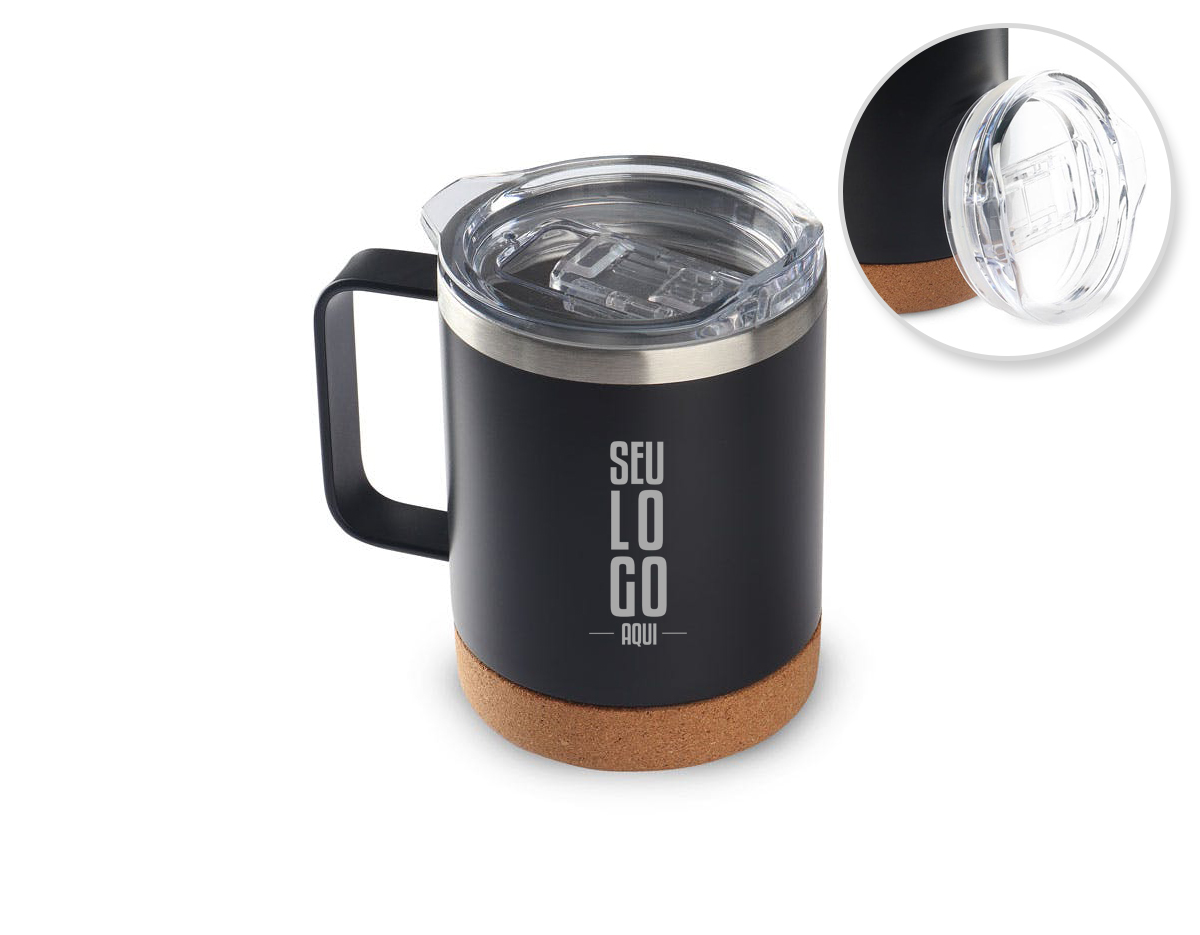 Caneca térmica em aço inox com parede dupla isolada à vácuo, tampa plástica e anel em silicone para vedação, alça lateal em inox na cor do produto, base em cortiça. Capacidade 350ml.