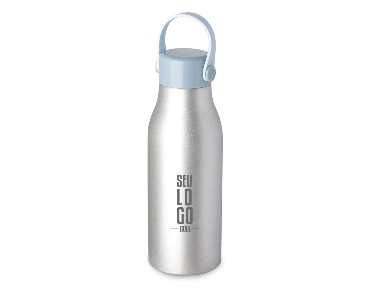 Garrafa em alumínio, tampa em plástico com alça na cor do produto. Capacidade de 550ml, pintura fosca.
