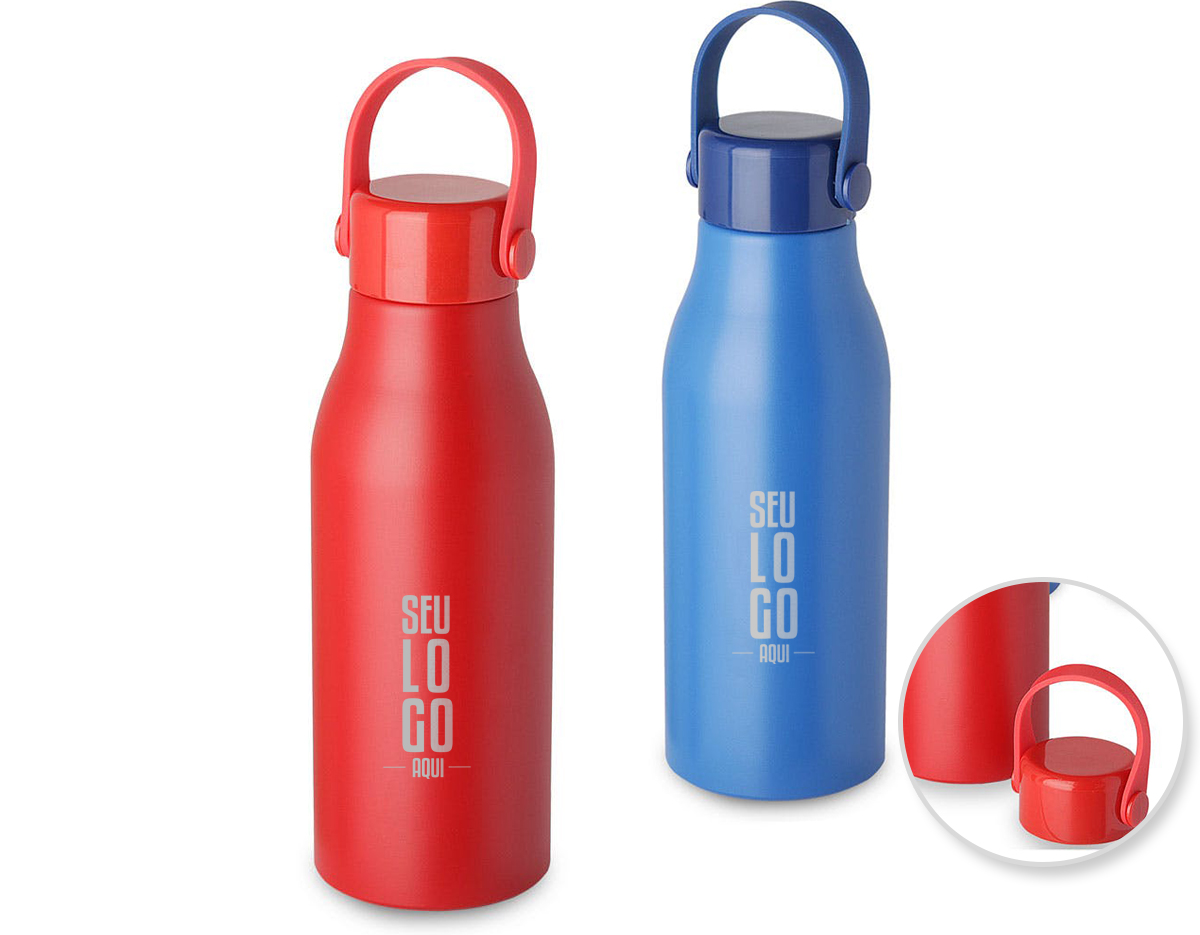 Garrafa em alumínio, tampa em plástico com alça na cor do produto. Capacidade de 550ml, pintura fosca.