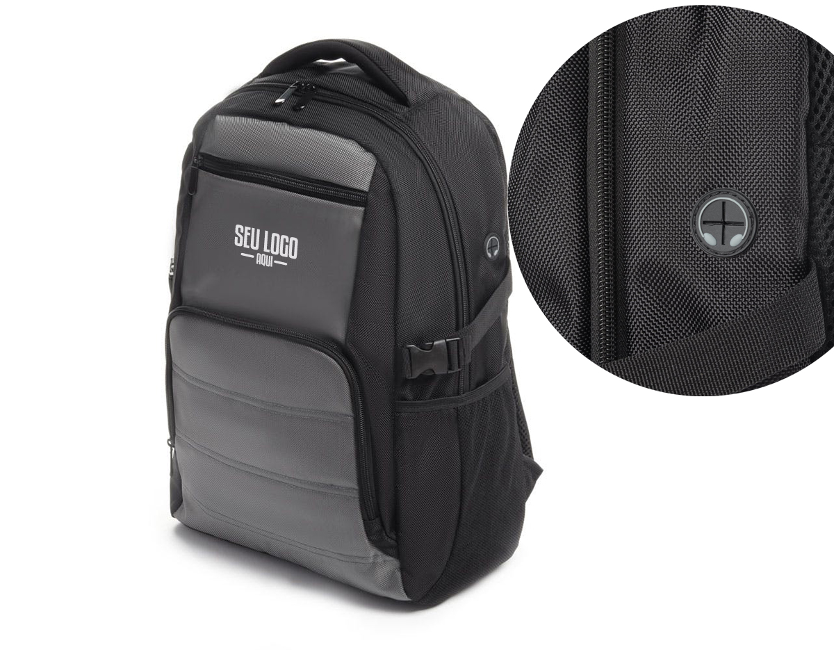 Mochila para notebook em tecido poliéster.
Parte externa: 1 compartimento, alça de mão e ombro acolchoado, saída USB e fone de ouvido, 2 bolsos frontais com zíper e 2 bolsos laterais.
Parte interna: Compartimento acolchoado para notebook de até 15