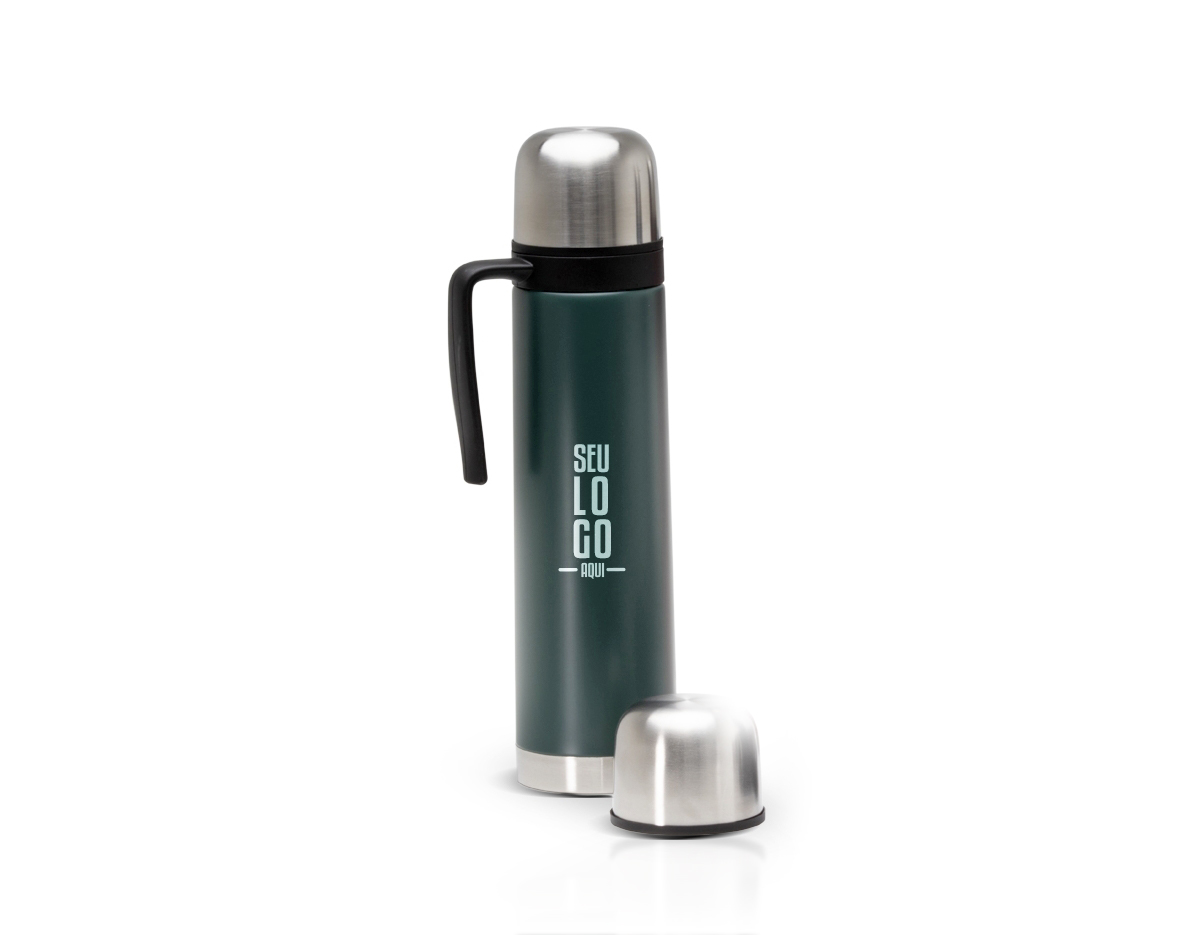 Garrafa térmica de inox com bico condutor e alça plástica, capacidade de 750ml.
