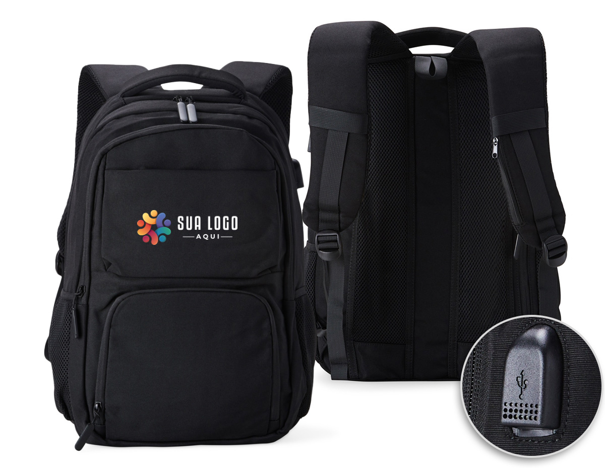 Mochila de poliéster 30 litros com seis compartimentos, sendo o principal com bolso para notebook 156 e tablet 124. Com divisórias internas para acessórios e porta chave, a mochila possui adaptador USB externo, bolsos laterais telados, duas alças de mãos, área costada e alças para as costas com revestimento espumado.
