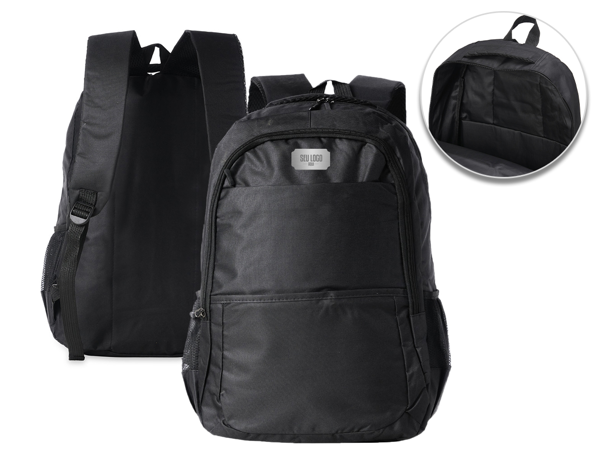 Mochila de nylon 27 litros com quatro compartimentos, sendo o principal com bolso para notebook 17,3. Com bolsos laterais telados, a mochila possui duas alças de mãos e alças para as costas com revestimento espumado.