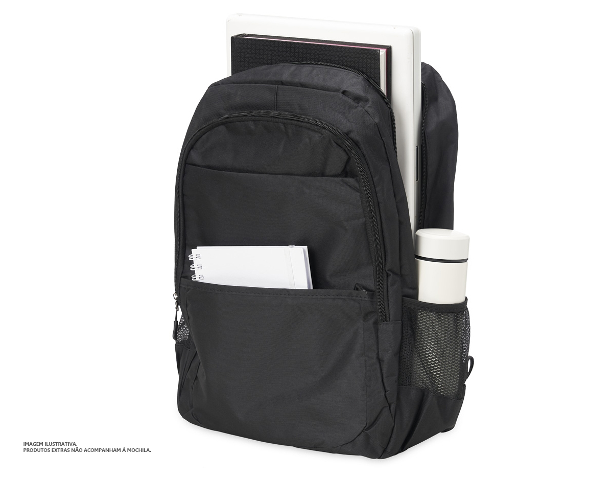 Mochila de nylon 27 litros com quatro compartimentos, sendo o principal com bolso para notebook 17,3. Com bolsos laterais telados, a mochila possui duas alças de mãos e alças para as costas com revestimento espumado.