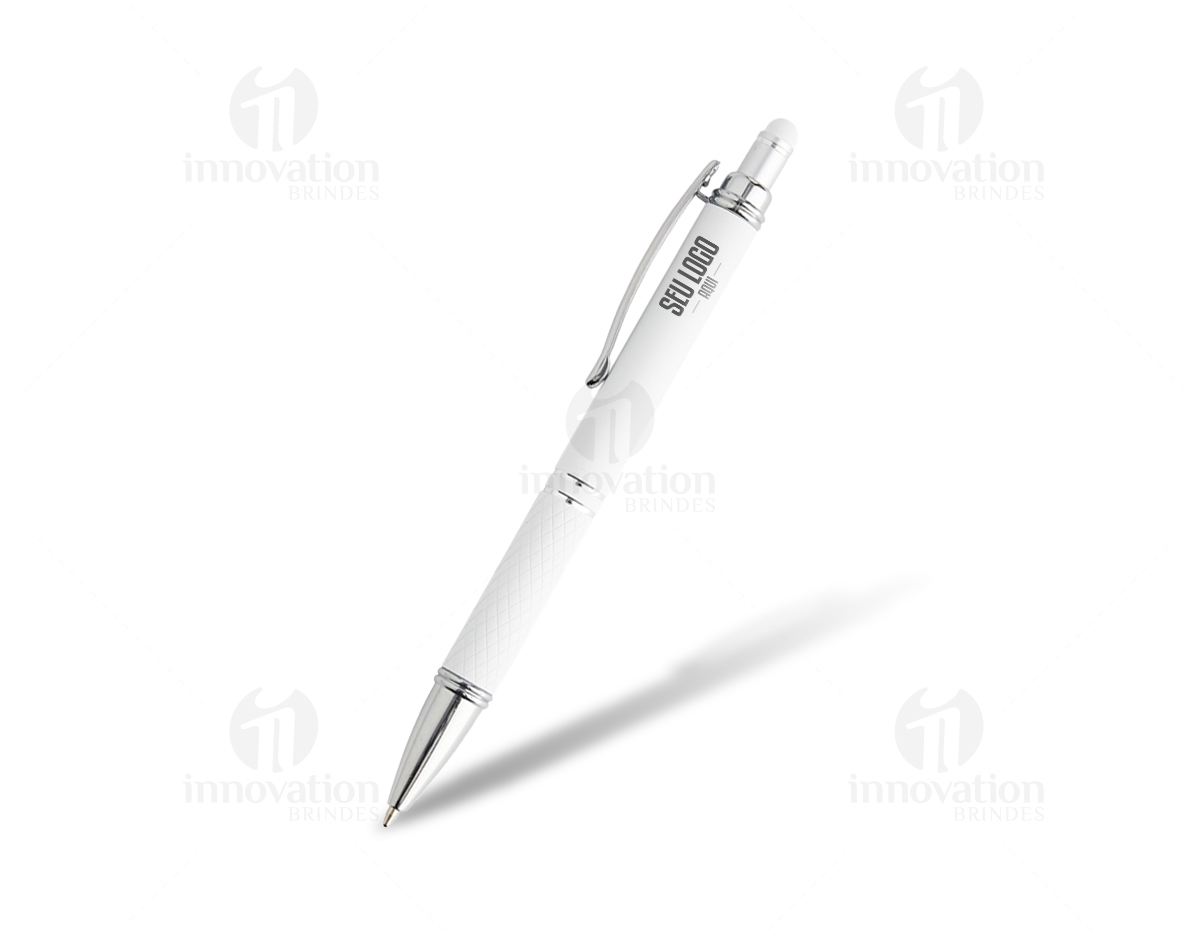 Caneta metálica touchscreen com acabamento similar à borracha e parte inferior texturizada, acionamento por clique e carga esferográfica azul 1.0mm.