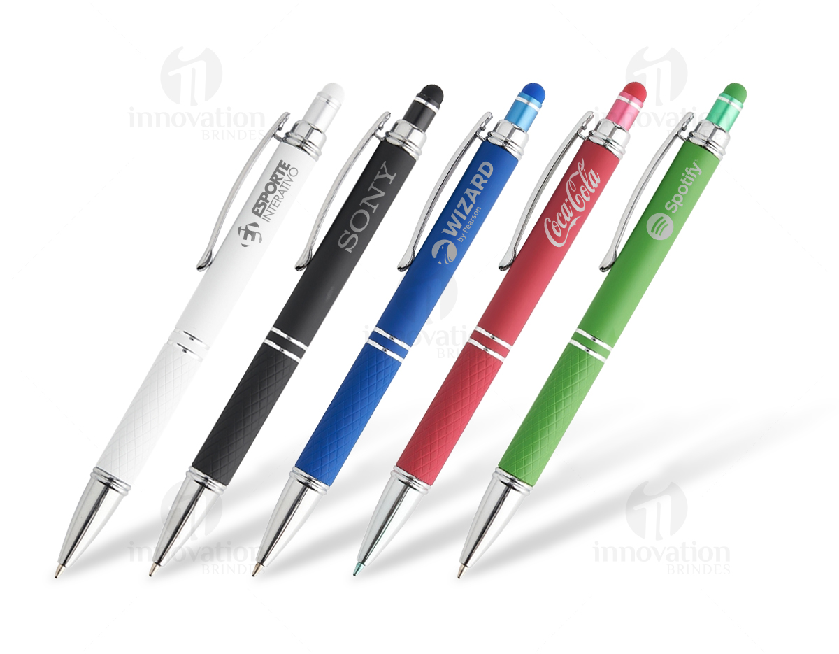 Caneta metálica touchscreen com acabamento similar à borracha e parte inferior texturizada, acionamento por clique e carga esferográfica azul 1.0mm.
