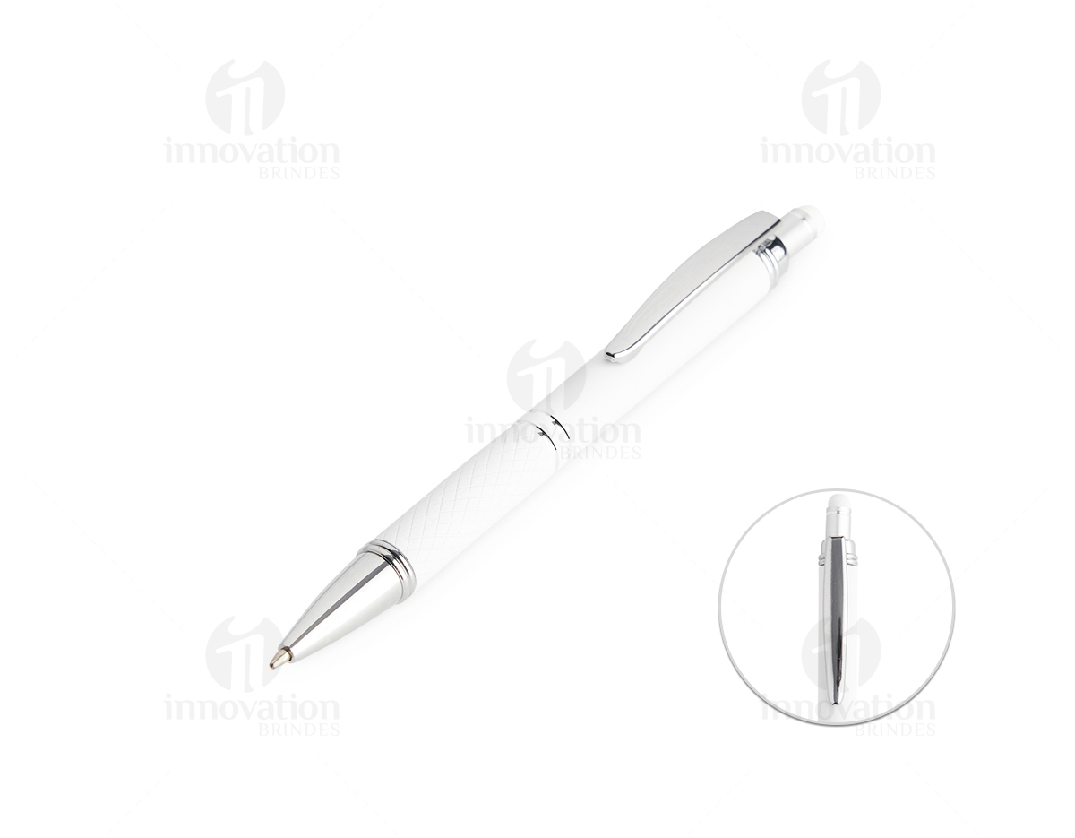 Caneta metálica touchscreen com acabamento similar à borracha e parte inferior texturizada, acionamento por clique e carga esferográfica azul 1.0mm.