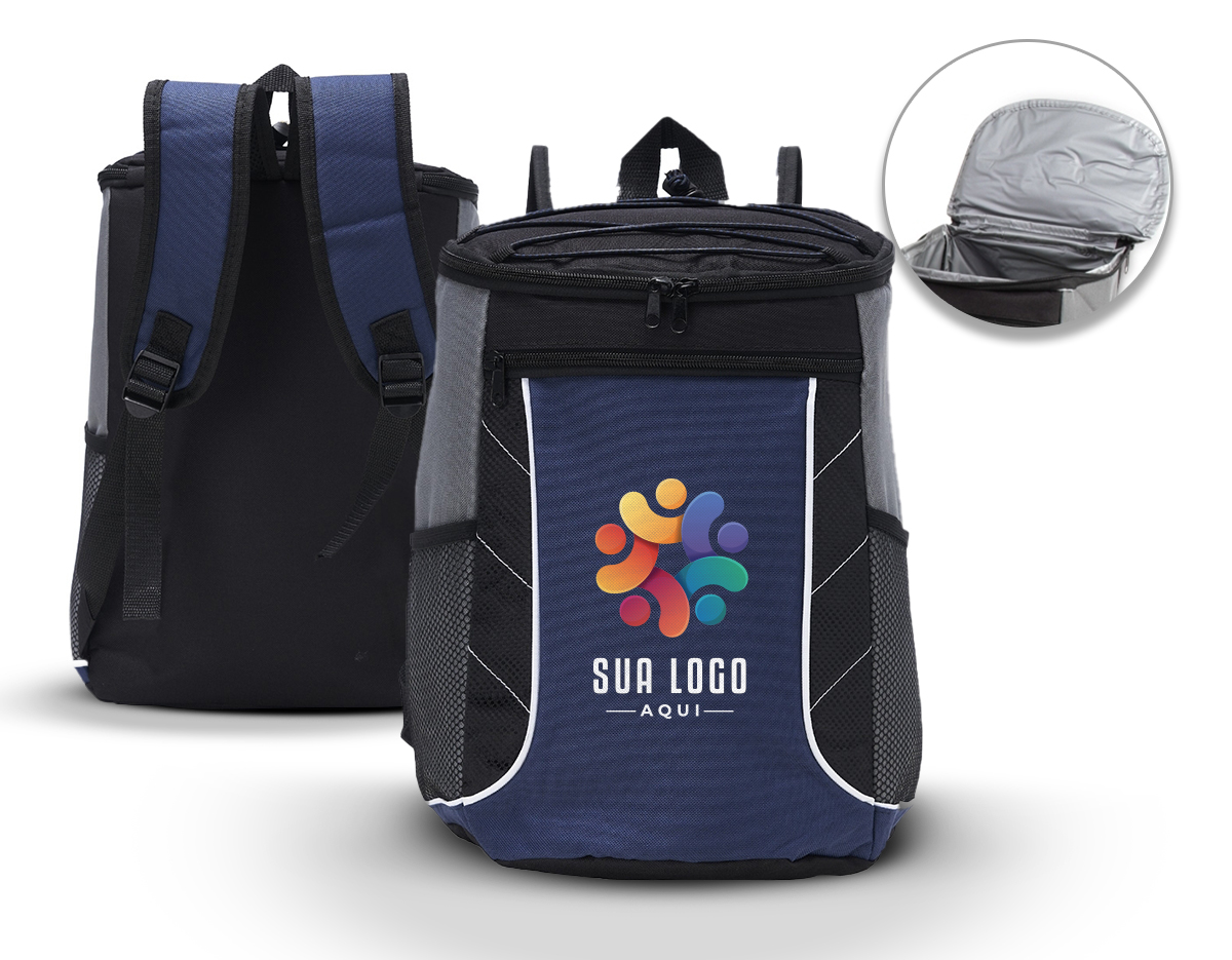 Bolsa térmica de poliéster com dois compartimentos, capacidade de 18 litros. A bolsa possui revestimento térmico em PEVA atóxico, bolsos laterais telados, alça de mão e alça para as costas com revestimento espumado