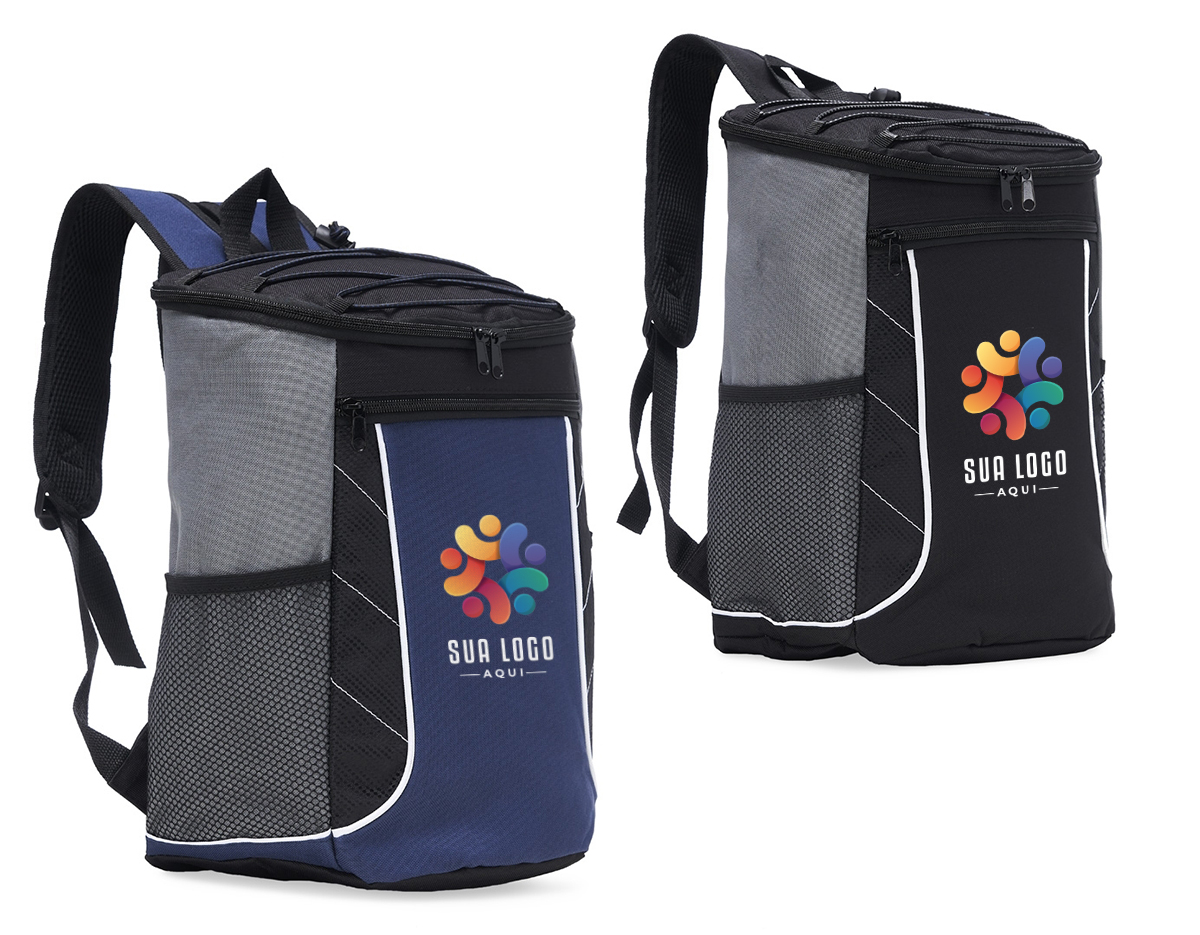 Bolsa térmica de poliéster com dois compartimentos, capacidade de 18 litros. A bolsa possui revestimento térmico em PEVA atóxico, bolsos laterais telados, alça de mão e alça para as costas com revestimento espumado