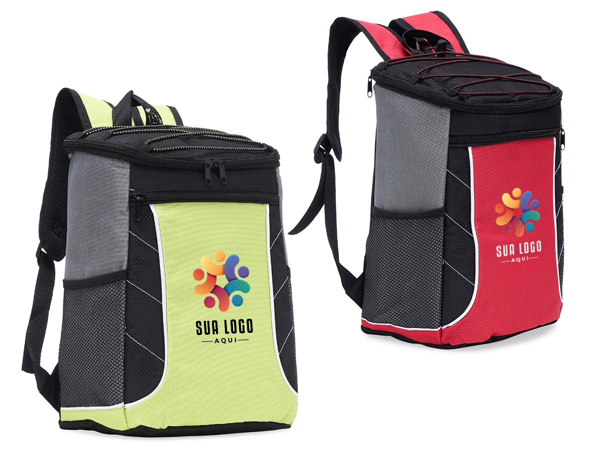 Bolsa térmica de poliéster com dois compartimentos, capacidade de 18 litros. A bolsa possui revestimento térmico em PEVA atóxico, bolsos laterais telados, alça de mão e alça para as costas com revestimento espumado
