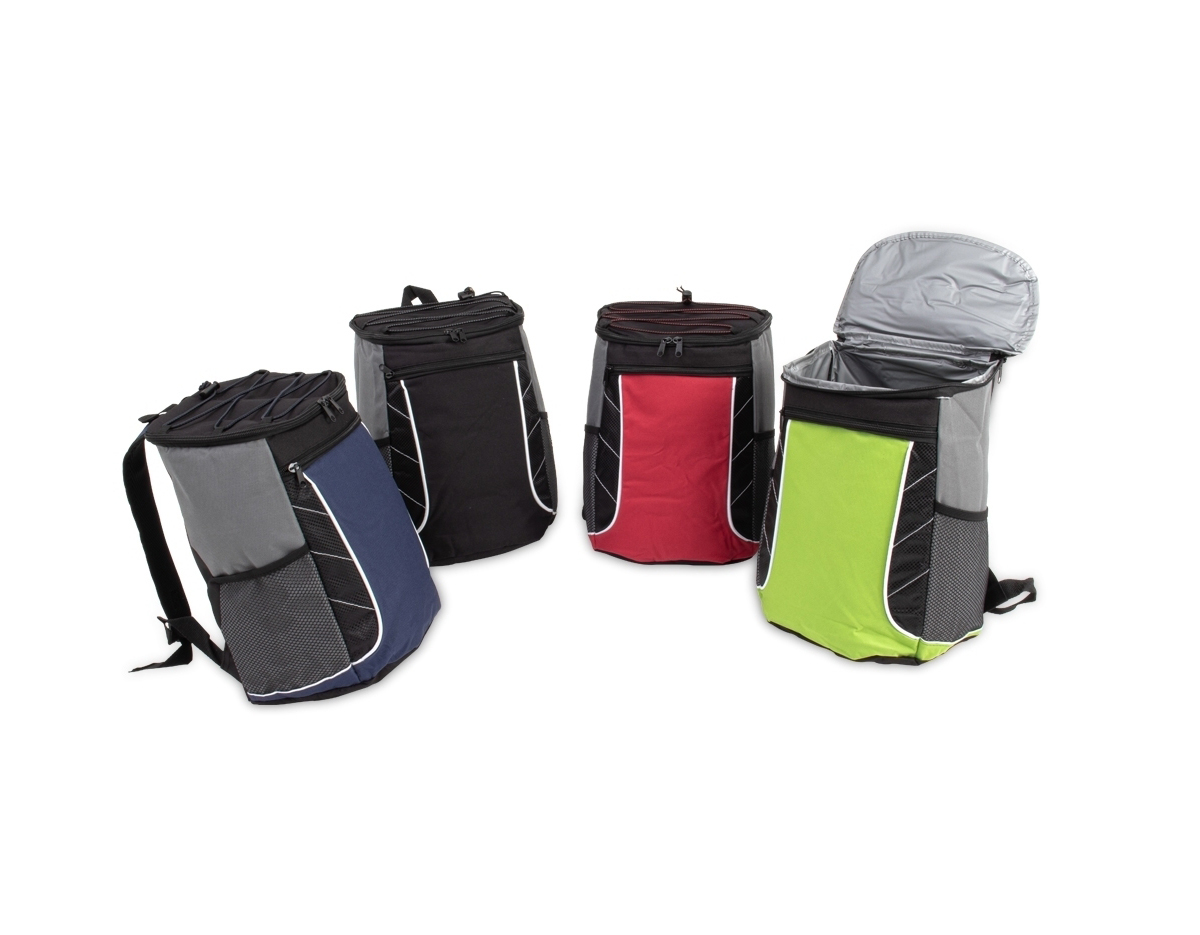 Bolsa térmica de poliéster com dois compartimentos, capacidade de 18 litros. A bolsa possui revestimento térmico em PEVA atóxico, bolsos laterais telados, alça de mão e alça para as costas com revestimento espumado