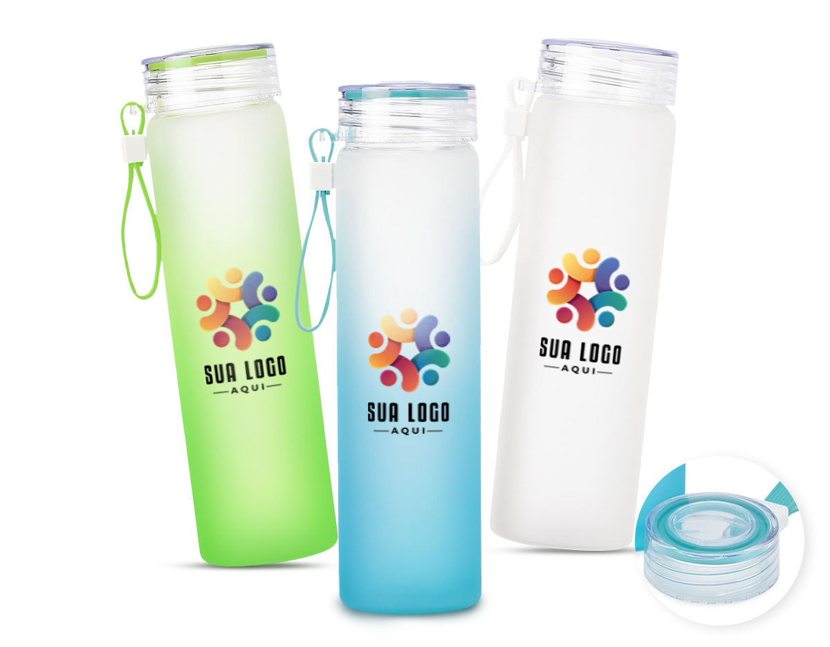  Garrafa de vidro jateado bicolor, capacidade de 470ml. Contém alça de silicone.