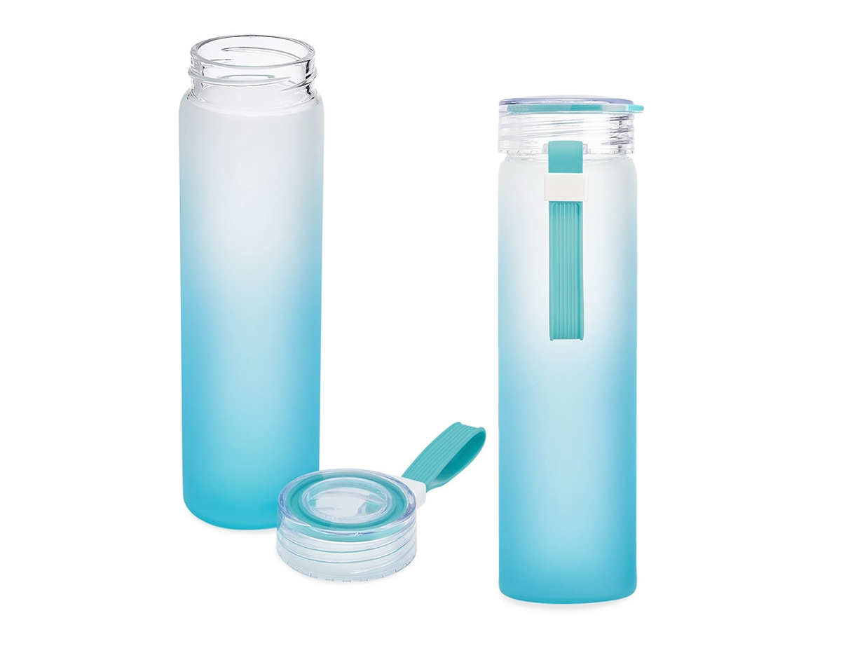  Garrafa de vidro jateado bicolor, capacidade de 470ml. Contém alça de silicone.