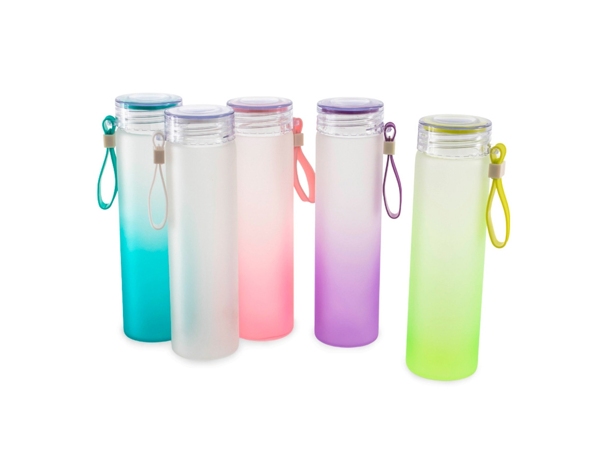  Garrafa de vidro jateado bicolor, capacidade de 470ml. Contém alça de silicone.