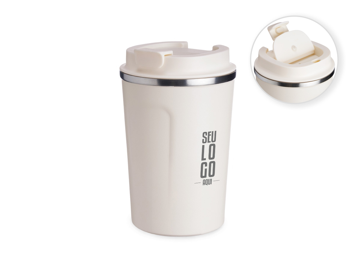 Copo térmico de inox 350ml com parede dupla, parte inferior com borracha antideslizante e tampa rosqueável com abertura de bocal.