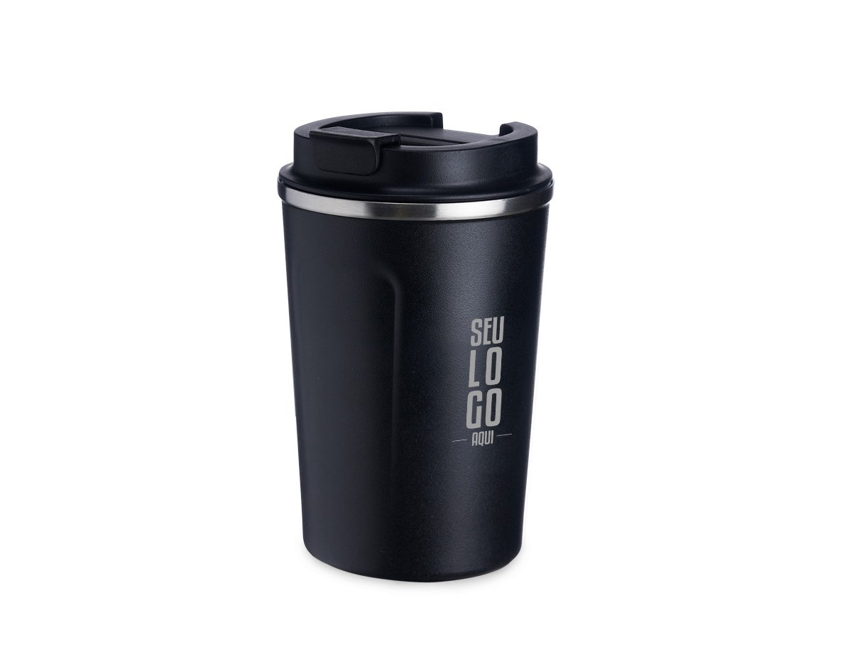 Copo térmico de inox 350ml com parede dupla, parte inferior com borracha antideslizante e tampa rosqueável com abertura de bocal.