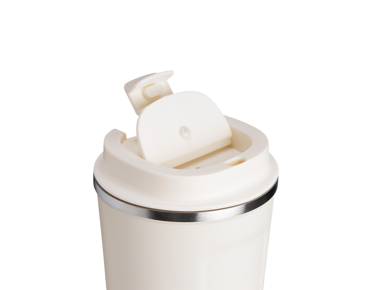 Copo térmico de inox 350ml com parede dupla, parte inferior com borracha antideslizante e tampa rosqueável com abertura de bocal.