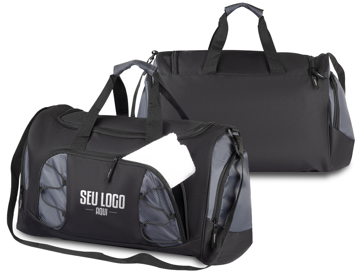 Mala esportiva em tecido poliéster, compartimento interno para roupas e compartimento externo para roupa suja. Na parte inferior da mala possui 4 borrachas de apoio para que a mala não encoste diretamente no chão. Zíper frontal e bolsos laterais, com alça de mão e ombro.