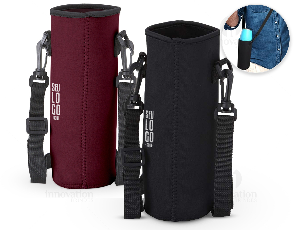  Porta copo ou garrafa esportiva em neoprene isotérmico, acompanha alça de nylon regulável.